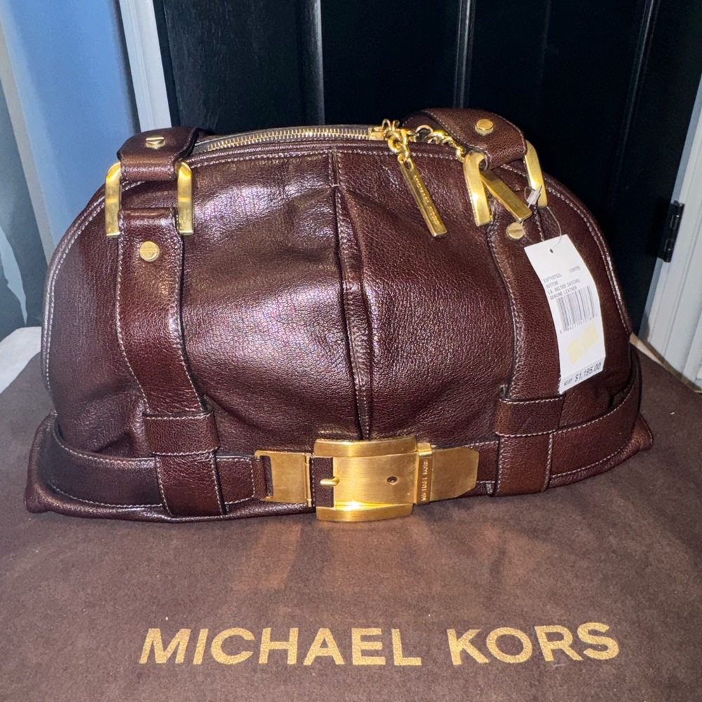 MICHAEL KORS SUTTON LARGE BELTED SATCHEL PURSE GENUINE LEATHER. COFFEE/BROWN